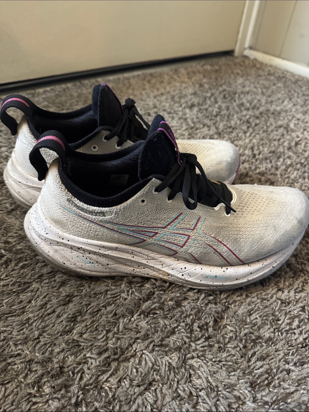 Asics White Running Shoes with Black and Pink Trim